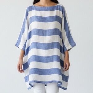 Banana‎ Blue Linen Striped Tunic Top Oversized Resort Wear Lagenlook size Small